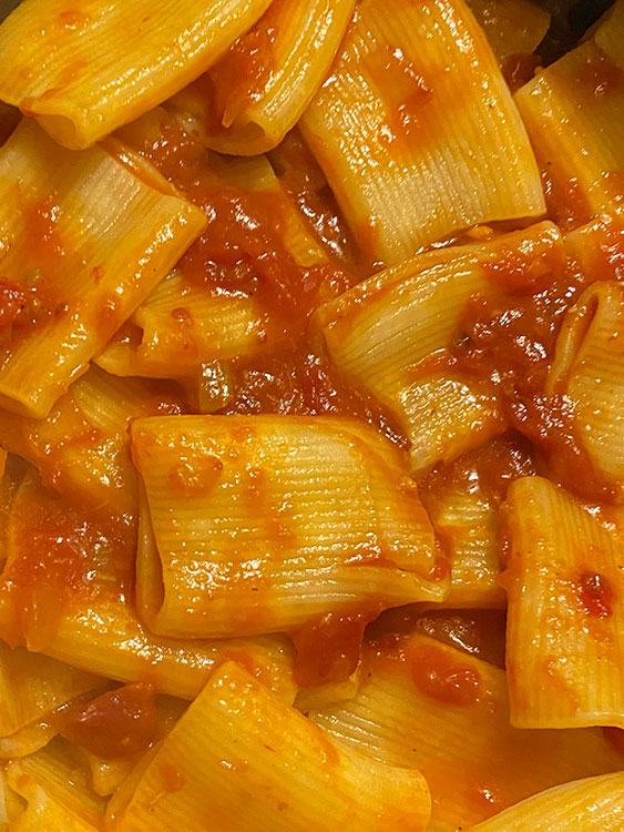 red sauce pasta, pachetti, in a tomato sauce
